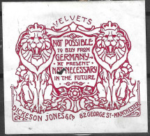 VELVETS GREAT BRITAIN ANTI GERMANY PROPAGANDA DICKESON JONES MANCHESTER Vignette Cinderella Reklamemarke - Cinderellas