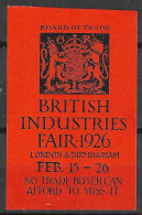  British Industries Fair 1926  London & Birmingham Vignette Cinderella Reklamemarke - Erinnofilie