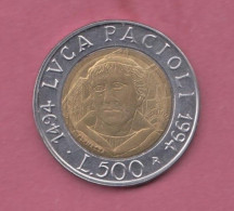 Italia, 1994- 500 Lire  Luca Pacioli- Circulating Commemorative Coin- Bimetallic Bronzital Center In Acmonital Ring- - 500 Lire