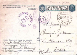 1943-Posta Militare /n115 C.2 (28.2) Su Cartolina Franchigia, Fori Spillo - Weltkrieg 1939-45