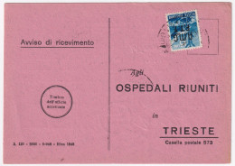 1949-AMG-FTT Democratica Sopr. Lire 15 Su Avviso Ricevimento - Marcophilie