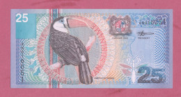 Suriname, 1.1.2000- 25 Guiden. Obverse Red-billed White-throated Toucan  . Reverse Cannonball Flower - Suriname
