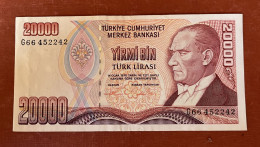 Turkey, 1995-20000 Lira. Purple Ornament- Obverse A Portrait Of President Mustafa Kemal Atatürk  . - Turkey