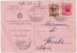 1944-R.S.I. AVVISO RICEVIMENTO Affrancata Monumenti C.20 E 30 Manerba (28.9) - Marcophilie