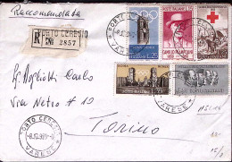 1959-Bella Affrancatura Di 5 Valori Diversi Su Busta Raccomandata Porto Teresio  - 1946-60: Poststempel