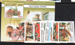 CAMBODIA - 2001- FIRE ENGINES SET OF 6 + SOUVENIR SHEET  MINT NEVER HINGED - Cambodja