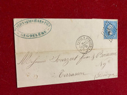 LETTRE 1865  YT 20c Bleu -  CACHET PARIS À BORDEAUX PB2 - 1849-1876: Klassik