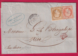 N°13 + 16 PC 441 BORDEAUX GIRONDE POUR NICE ALPES MARITIMES ETATS SARDES 1859 LETTRE - 1849-1876: Période Classique