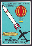 1969 Italia Italy Repubblica RASSEGNA DI AEROFILATELIA BISCEGLIE, BARI Cartolina N°302 Affr.25L Baracca Annullo Speciale - Filatelistische Tentoonstellingen