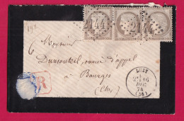 N°56 BANDE DE TROIS GC 2144 LUZY NIEVRE RECOMMANDE POUR BOURGES CHER 1874 BUREAU PASSE NEVERS LETTRE - 1849-1876: Période Classique