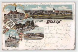 39122011 - Lithographie Uelzen Mit Bahnhof Und Fischerhof Gelaufen. Leichter Stempeldurchdruck, Oxydationsspuren, Leich - Other & Unclassified