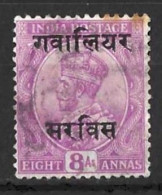 INDIA..." GWALIOR.."....KING GEORGE V..(1910-36..)....OFFICAL.....8As......SG057 ....TONED.......USED. - Gwalior