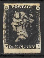 GB.....QUEEN VICTORIA...(1837-01..)....." 1840..".....1d BLACK...PLATE 9....3 MARGIN....2 HUGE T C, TALL ON ONE....VFU.. - Used Stamps