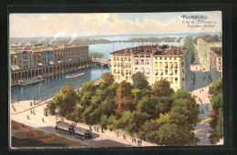 Lithographie Hamburg, Kleine-, Binnen- Und Aussen-Alster Aus Der Vogelschau  - Mitte