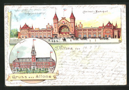 Lithographie Hamburg-Altona, Central-Bahnhof, Postgebäude  - Altona