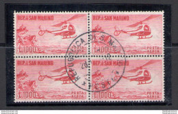 1961 SAN MARINO, Blocco Di Quattro - Elicottero N. 138- 1.000 Lire Carminio - Usato - Sonstige & Ohne Zuordnung