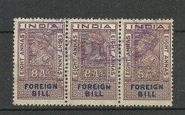 INDIA Foreign Bill Revenue Tax 8 A. As 3-stripe O With Perfin - Francobolli Di Servizio