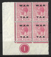 BAHAMAS.....KING GEORGE V...(1910-36..)...1d X PLATE BLOCK OF 4....WAR TAX....SG103.....CREASED....MH... - 1859-1963 Colonia Británica