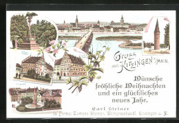 Lithographie Kitzingen /Main, Rathaus, Königsplatz, Krieger-Denkmal, Falterturm  - Kitzingen