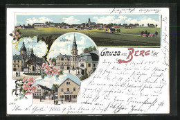Lithographie Berg B. Hof, Geschäft V. A. Gemeinhardt, Marktplatz, Schloss Reitzenstein  - Reit Im Winkl