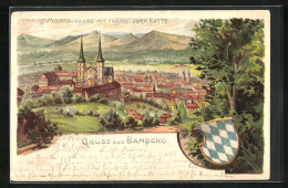 Lithographie Bamberg, Michaelsberg M. Fränk. Jura Kette, Wappen  - Bamberg