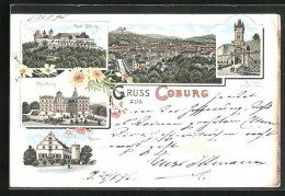 Lithographie Coburg, Ehrenburg, Thorturm, Rosenau, Veste  - Coburg