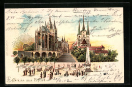 Sonnenschein-AK Erfurt, Dom Und Severikirche Mit Denkmal  - Andere & Zonder Classificatie