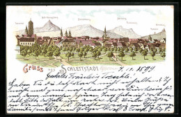 Lithographie Schlettstadt, Vue Générale Gegen Hoh-Königsburg Et Hahnenberg  - Other & Unclassified