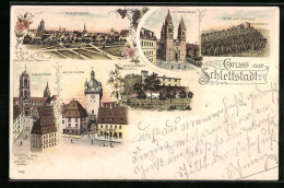 Lithographie Schlettstadt, Neuer Thurm, Hochkönigsburg Et Hotel  - Andere & Zonder Classificatie