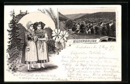 Lithographie Niederbronn, Vue Générale, Fille En Costume Typique  - Other & Unclassified