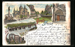 Lithographie Trier, Amphietheater, Portal Der Liebfrauenkirche, Brunnen, Dom, Ruine Kaiserpalast  - Theater