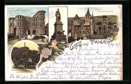 Lithographie Trier, Dom Und Liebfrauenkirche, Porta Nigra, Mariensäule U. Kapelle, Kaiser Wilhelm I. Denkmal  - Trier