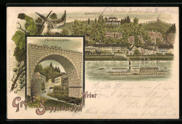 Lithographie Trier, Schneidershof, Napoleonsbrücke, Dampfer Mosel  - Trier