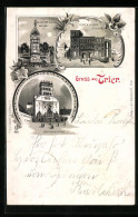 Lithographie Trier, Secundiner Säule, Porta Nigra, Matthiaskirche  - Trier