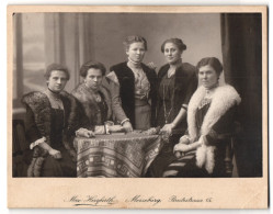 Fotografie Max Herrfurth, Merseburg, Breitestr. 15, Fünf Junge Damen In Kleidern Mit Pelz  - Anonyme Personen