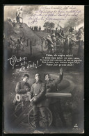 Künstler-AK Vater, Ich Rufe Dich! - Soldaten An Geschütz, Soldaten Hissen Siegfahne  - War 1914-18