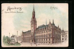 Lithographie Hamburg, Kaiser Wilhelm-Denkmal, Rathaus  - Mitte