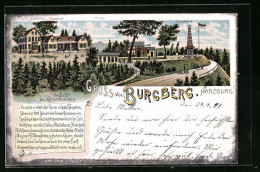 Lithographie Harzburg, Hotel Burgberg Und Canossasäule Mit Brocken, Gedicht Am Kaiserbrunnen  - Bad Harzburg