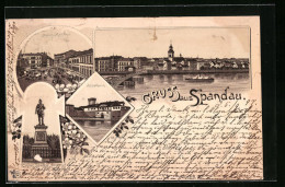 Lithographie Berlin-Spandau, Markt Mit Rathaus, Juliusturm, Kaiser Friedrich-Denkmal  - Spandau