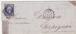 France Lettre Avec Napoleon 20c Oblit� Lyon 1856 Pour Perpignan - 1853-1860 Napoléon III.