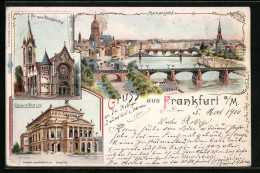 Lithographie Frankfurt /Main, Peterskirche, Opernhaus, Mainansicht  - Frankfurt A. Main