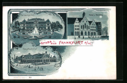 Mondschein-Lithographie Frankfurt /Main, Hauptbahnhof, Palmengarten Mit Fontäne  - Frankfurt A. Main