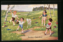 Künstler-AK Ostergrüsse Mit Spielenden Kindern Und Osterlamm  - Pâques