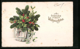 Lithographie Fröhliche Weihnachten, Stechpalmen- Und Tannenzweige  - Sonstige & Ohne Zuordnung