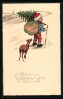 Lithographie Glückwünsche Zum Neujahr, Kind Mit Tannenbaum Und Reh  - New Year