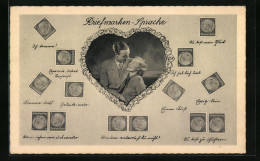 AK Briefmarkensprache Mit Verliebtem Pärchen Und Verschiedenen Botschaften  - Postzegels (afbeeldingen)