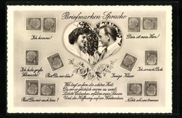AK Briefmarkensprache Mit Jungem Paar Und Liebesgedicht  - Stamps (pictures)