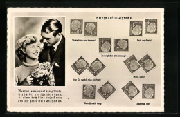 AK Briefmarkensprache Mit Jungem Paar Mit Blumenstrauss  - Stamps (pictures)