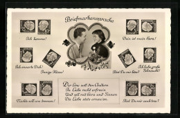 AK Briefmarkensprache Mit Verliebtem Paar Und Blumen  - Timbres (représentations)
