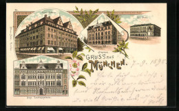 Lithographie München, Hotel Bellevue, Ständehaus, Kgl. Odeon, Bayr. Landtagsgebäude  - München